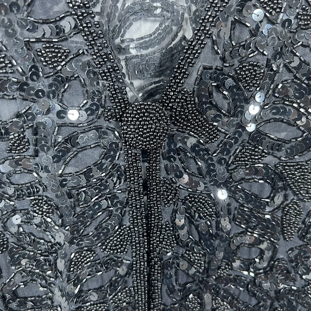 Vintage Oleg Cassini Beaded Sequined Silk Open Front Vest S Black NYE Event 90s